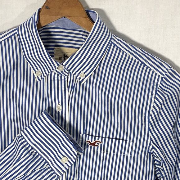 HOLLISTER Shirt Button Down Striped Long Sleeve 100% Cotton Womens S Blue White - Picture 1 of 10